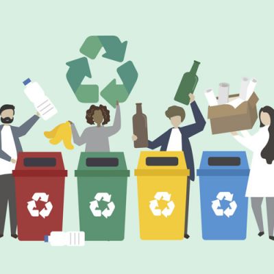 People sorting garbage into recycle bins illustration